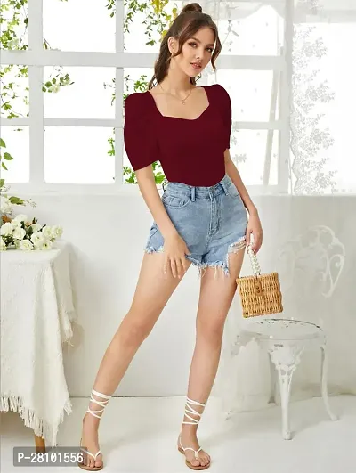 Stylish Maroon Knitted Polyester Solid Fitted Top For Women-thumb4