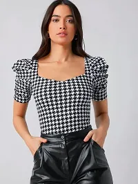 Dream Beauty Fashion Puff Sleeve Polyester Blend Sweetheart Neck Houndstooth Print Form Fitted Black Tee (23 Inches)-thumb3