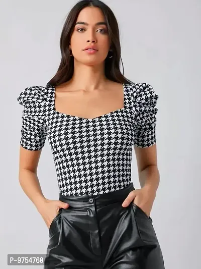 Dream Beauty Fashion Puff Sleeve Polyester Blend Sweetheart Neck Houndstooth Print Form Fitted Black Tee (23 Inches)-thumb4