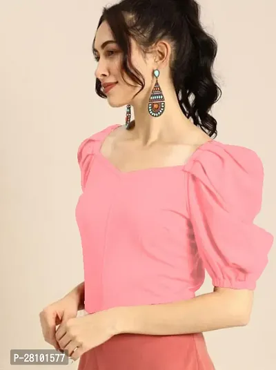 Stylish Peach Knitted Polyester Solid Fitted Top For Women-thumb2