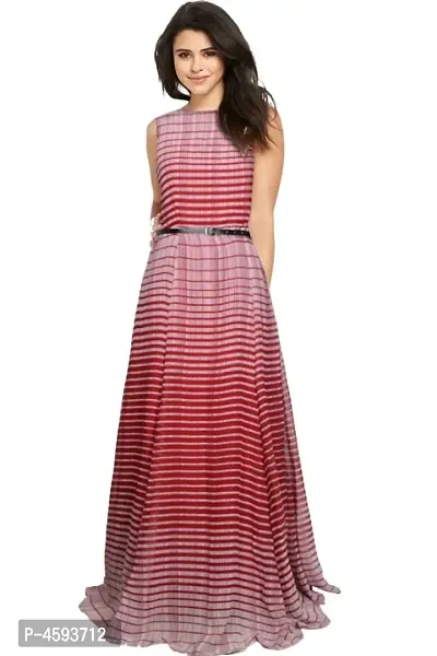 Dream Beauty Fashion Heavy Georgette Sleeveless Striped Maroon Gown With Belt (56