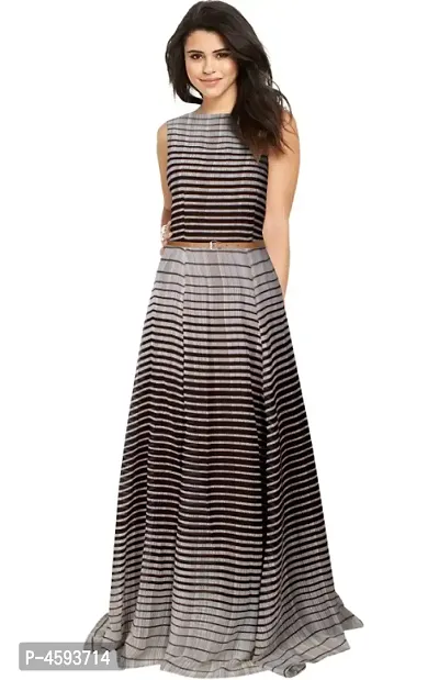 Dream Beauty Fashion Heavy Georgette Sleeveless Striped Coffee Gown With Belt (56