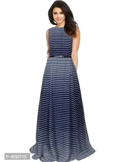 Dream Beauty Fashion Heavy Georgette Sleeveless Striped Blue Gown With Belt (56