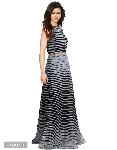 Dream Beauty Fashion Heavy Georgette Sleeveless Striped Black Gown With Belt (56-thumb5