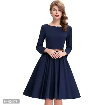 Dream Beauty Fashion Hosiery Full Sleeves Round Neck Knee Length Western Blue Dress With Belt (38-thumb0