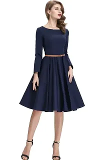 Dream Beauty Fashion Hosiery Full Sleeves Round Neck Knee Length Western Blue Dress With Belt (38-thumb1