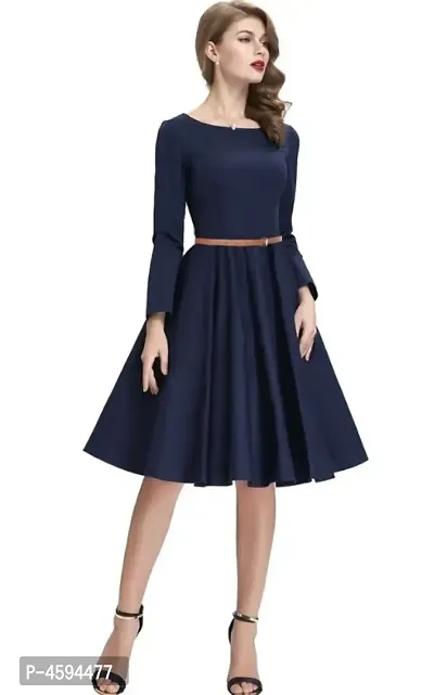 Dream Beauty Fashion Hosiery Full Sleeves Round Neck Knee Length Western Blue Dress With Belt (38-thumb2
