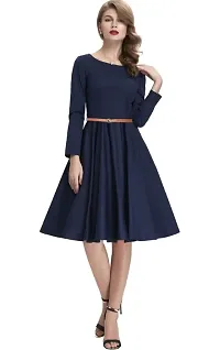 Dream Beauty Fashion Hosiery Full Sleeves Round Neck Knee Length Western Blue Dress With Belt (38-thumb2