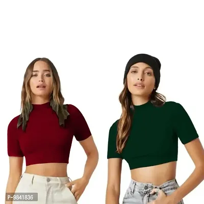 Classic Polyester Spandex Solid Crop Tops for Women, Pack of 2-thumb0