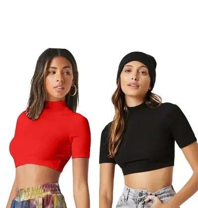 Classic Spandex Solid Crop Tops for Women, Pack of 2