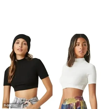 Classic Polyester Spandex Solid Crop Tops for Women, Pack of 2