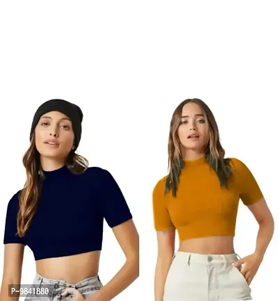 Classic Polyester Spandex Solid Crop Tops for Women, Pack of 2
