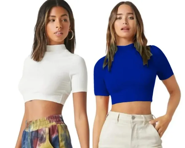 Classic Spandex Solid Crop Tops for Women, Pack of 2