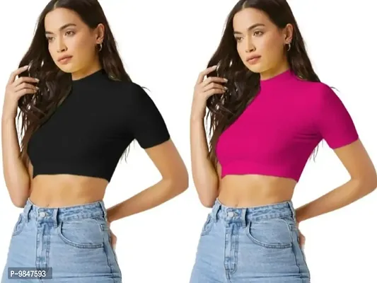 Pack Of 2 Polyester Blend Black And Rani Pink Crop Top Combo (15Inches)