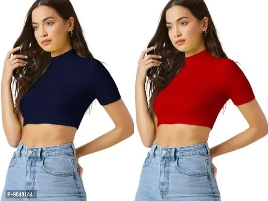 Pack Of 2 Polyester Blend Navy Blue And Red Crop Top Combo (15Inches)