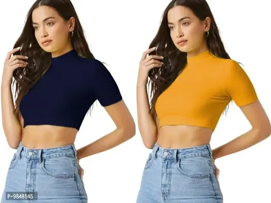 Pack Of 2 Polyester Blend Navy Blue And Yellow Crop Top Combo (15Inches)