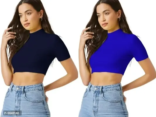 Pack Of 2 Polyester Blend Navy Blue And Royal Blue Crop Top Combo (15Inches)