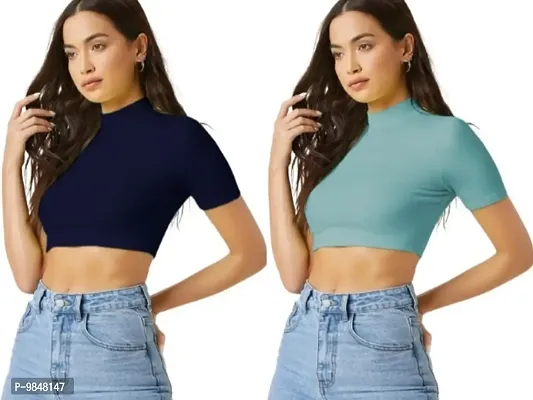 Pack Of 2 Polyester Blend Navy Blue And Pista Crop Top Combo (15Inches)
