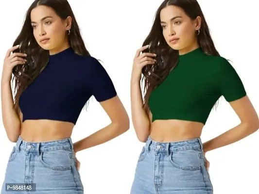 Pack Of 2 Polyester Blend Navy Blue And Dark Green Crop Top Combo (15Inches)
