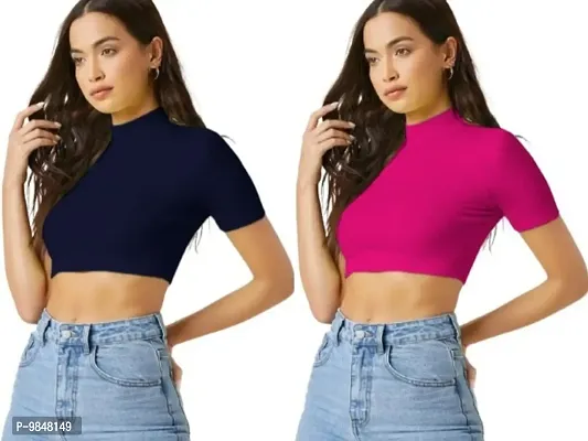Pack Of 2 Polyester Blend Navy Blue And Rani Pink Crop Top Combo (15Inches)-thumb0