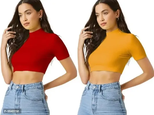 Pack Of 2 Polyester Blend Red And Yellow Crop Top Combo (15Inches)