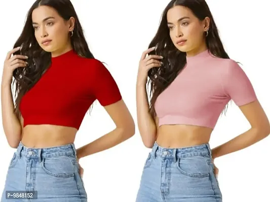 Pack Of 2 Polyester Blend Red And Peach Crop Top Combo (15Inches)