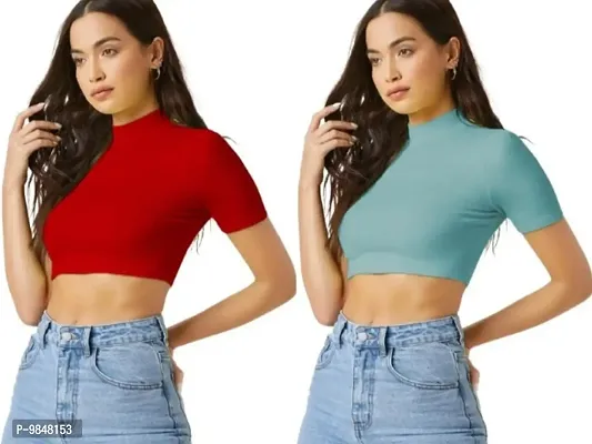 Pack Of 2 Polyester Blend Red And Pista Crop Top Combo (15Inches)
