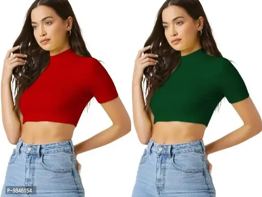 Pack Of 2 Polyester Blend Red And Dark Green Crop Top Combo (15Inches)