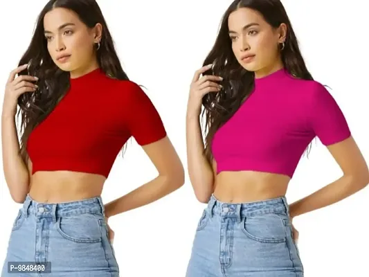 Pack Of 2 Polyester Blend Red And Rani Pink Crop Top Combo (15Inches)