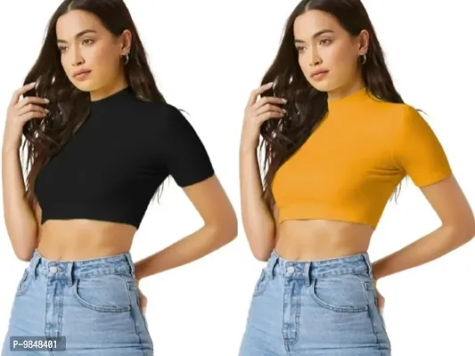 Pack Of 2 Polyester Blend Yellow And Black Crop Top Combo (15Inches)