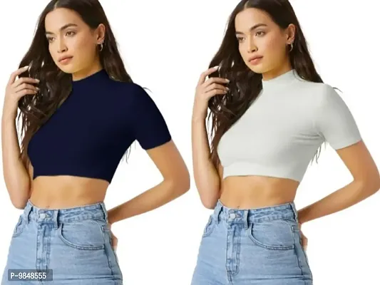 Pack Of 2 Polyester Blend Navy Blue And White Crop Top Combo (15Inches)