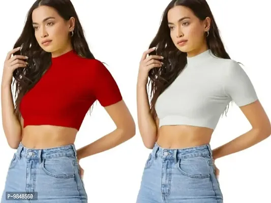Pack Of 2 Polyester Blend Red And White Crop Top Combo (15Inches)