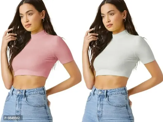 Pack Of 2 Polyester Blend Peach And White Crop Top Combo (15Inches)-thumb0