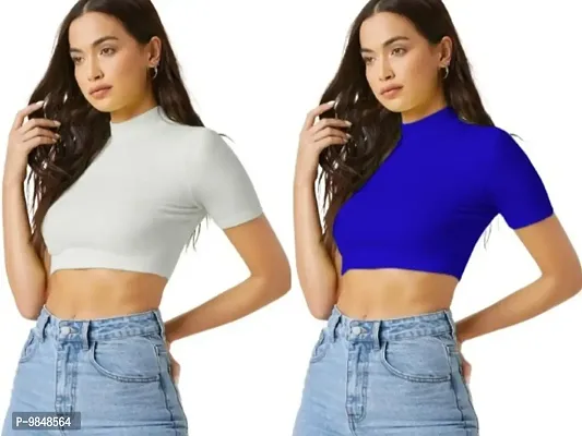 Pack Of 2 Polyester Blend White And Royal Blue Crop Top Combo (15Inches)