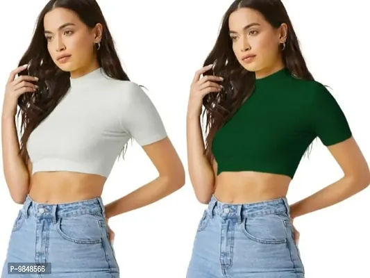 Pack Of 2 Polyester Blend White And Dark Green Crop Top Combo (15Inches)