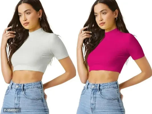 Pack Of 2 Polyester Blend White And Rani Pink Crop Top Combo (15Inches)