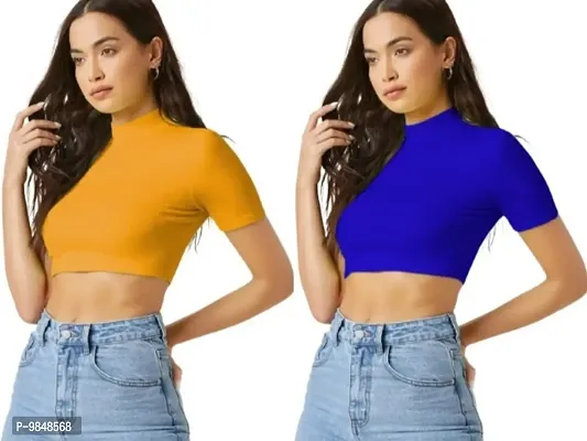 Pack Of 2 Polyester Blend Yellow And Royal Blue Crop Top Combo (15Inches)