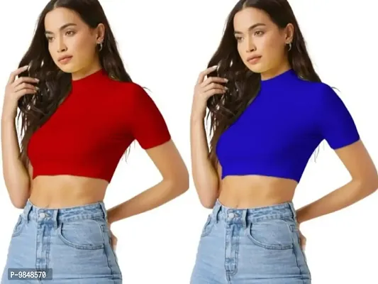 Pack Of 2 Polyester Blend Red And Royal Blue Crop Top Combo (15Inches)