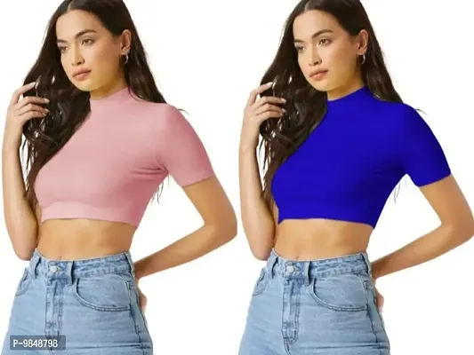 Pack Of 2 Peach And Royal Blue Polyester Blend Crop Top Combo (15Inches)