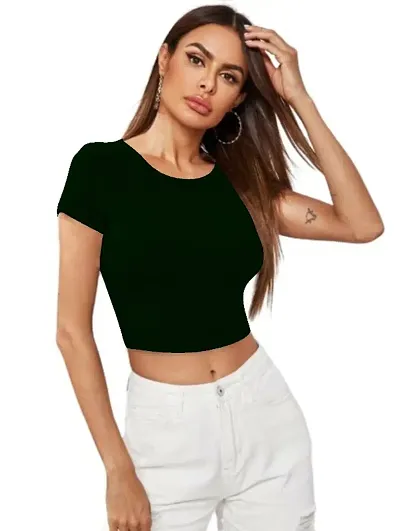 Tomesect Casual Short Sleeves Ribbed Round Neck Polyster Blend Crop Top (16" Inches)