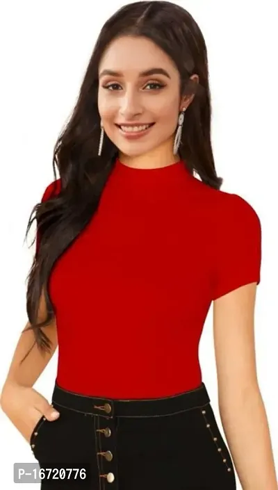 Casual Polyester Blend High Neck Short Sleeves Stylish Top-thumb0