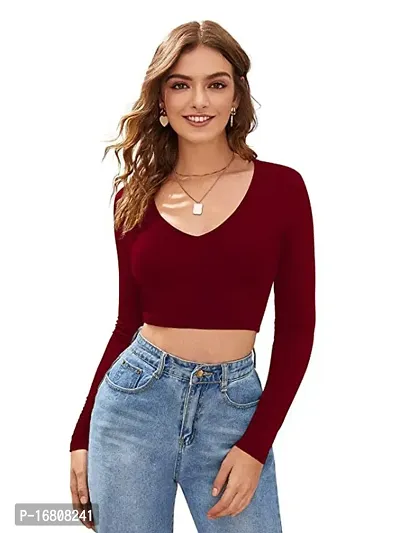 Casual Polyester Blend V Neck Long Sleeves Stylish Crop Top-thumb0