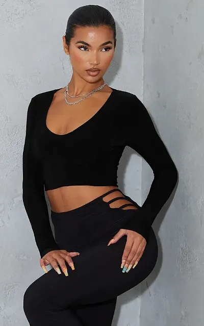 Casual Blend V Neck Long Sleeves Stylish Crop Top