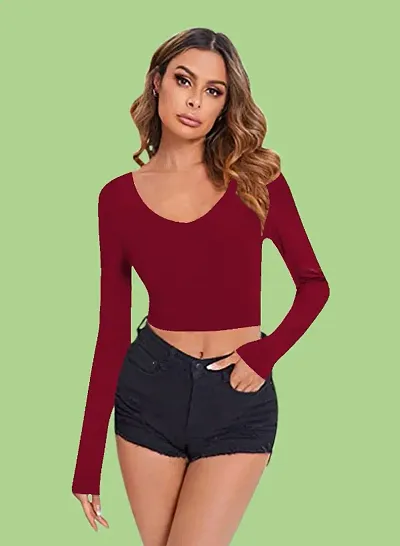 Casual Polyester Blend V Neck Long Sleeves Stylish Crop Top