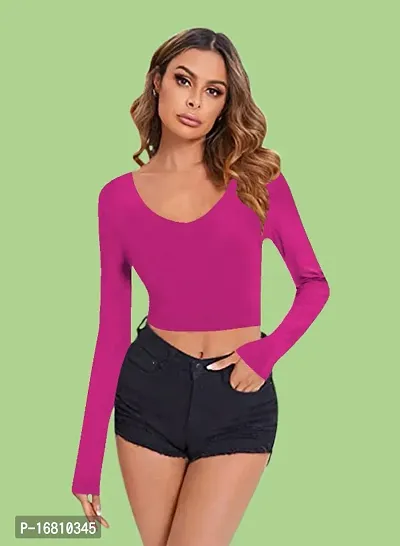 Casual Polyester Blend V Neck Long Sleeves Stylish Crop Top