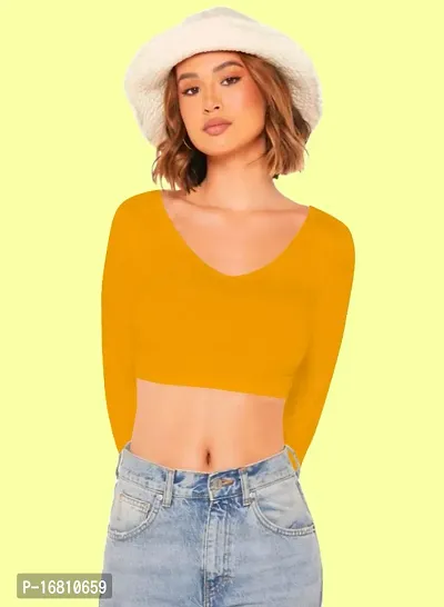 Casual Polyester Blend V Neck Long Sleeves Stylish Crop Top-thumb0