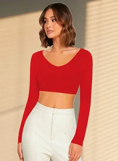 Casual Polyester Blend V Neck Long Sleeves Stylish Crop Top