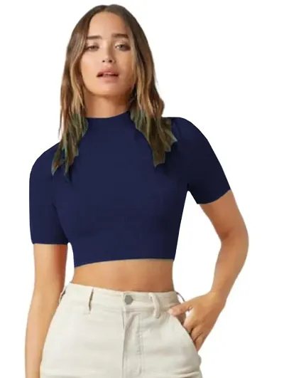 Casual Polyester Blend High Neck Short Sleeves Stylish Crop Top