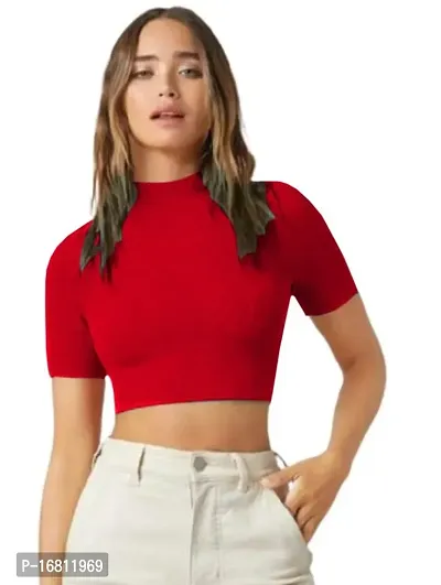 Casual Polyester Blend High Neck Short Sleeves Stylish Crop Top