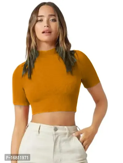 Casual Polyester Blend High Neck Short Sleeves Stylish Crop Top